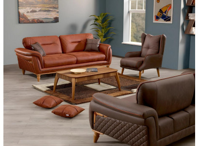 Elegantes Wohnzimmer Set aus Stoff in Orange mit Holzrahmen