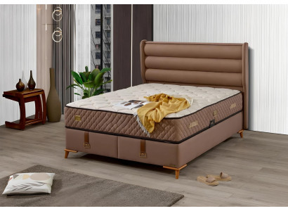 Hochwertiges braunes Holz-Textil Bett mit Matratze im eleganten Stil
