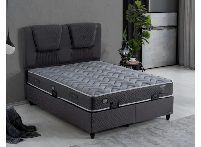 Elegantes graues Bett mit Matratze aus Textil und Holz