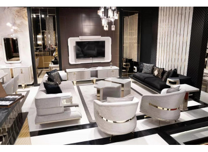 Elegantes weißes Sofa-Set aus Stoff mit Holzdetails für modernes