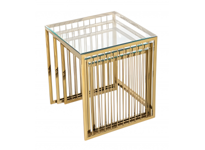 Eleganter Beistelltisch aus Edelstahl in Gold mit transparentem Design
