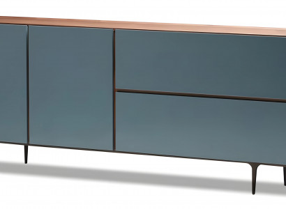 Blaue Holz-Konsole modern, elegante Ablagefläche, robustes Design