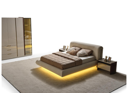 Elegantes Beiges Holzbett mit Textilbezug in zeitlosem Design