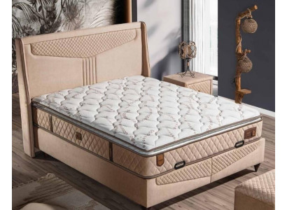 Elegantes Bett mit Matratze in Beige aus Holz und Textil