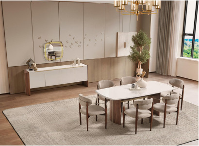 Luxus Esszimmer-Set Beigefarbene Holz- und Textilmöbel mit Spiegel