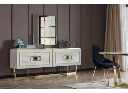 Elegantes weißes Sideboard mit Spiegel aus Holz, Metall und Glas