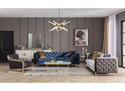 Elegantes Wohnzimmer Set aus Textil in Blau und Grau