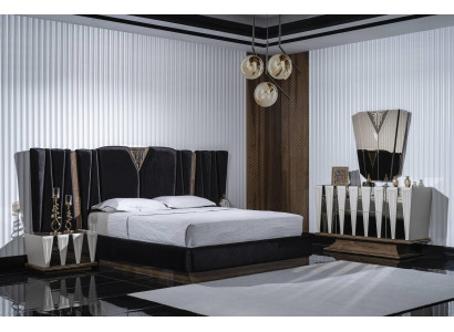 Schwarzweißes Schlafzimmer-Set aus Holz mit Spiegel und modernen