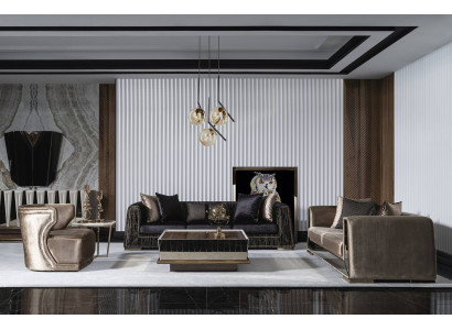 Elegantes 3-teiliges Wohnzimmer Set aus Textil in Schwarz und Braun
