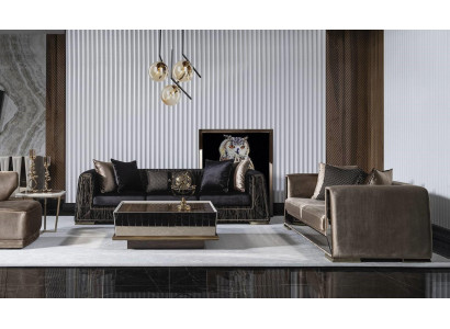 Elegantes schwarzes und braunes Wohnzimmer Set aus Holz und Textil