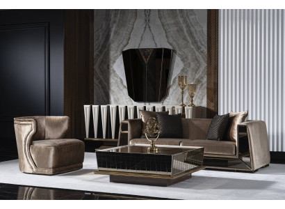 Elegantes braunes Wohnzimmer Set aus Textil und Holz