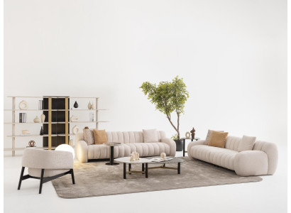 Moderner Wohnzimmer Set aus Textil und Holz in Beige