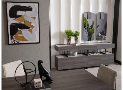 Elegantes graues Esszimmer Set mit Sideboard und Spiegel aus Holz