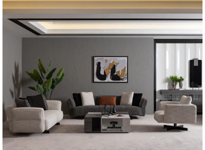 Moderner beige-grauer Wohnzimmer Set aus Textil und Holz