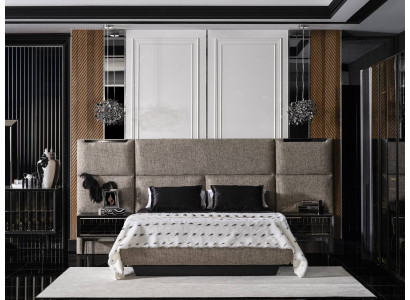 Elegantes schwarzes Holzbett mit zwei Nachttischen im modernen Design
