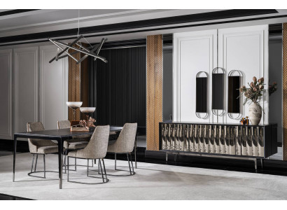 Elegantes schwarzes Esszimmer Set aus Holz mit Tisch, Stühlen