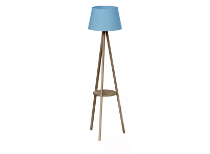 Moderne blaue Stehlampe mit Regal aus Holz