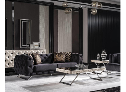 Schwarzes Holz-Textil-Metall 2-teiliges Wohnzimmer-Set mit Sofa
