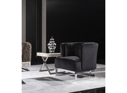 Moderner schwarzer Holz-Textil Sessel mit Metallrahmen