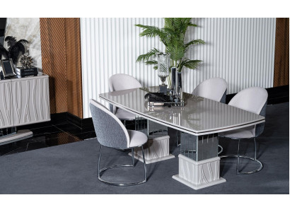 Elegantes weißes Esstisch- und Stuhl-Set aus Holz und Metall