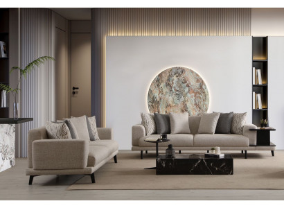 Moderne beige Holz-Textil 3-Sitzer Sofas im Doppelset