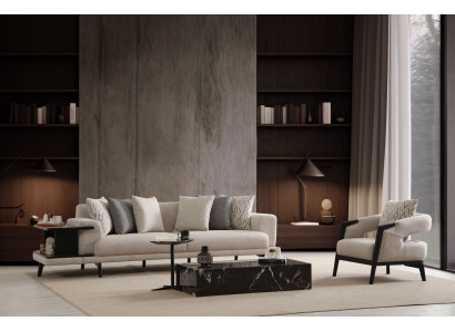 Moderner Beigefarbener Wohnzimmer-Set aus Holz mit Sofa und Sessel