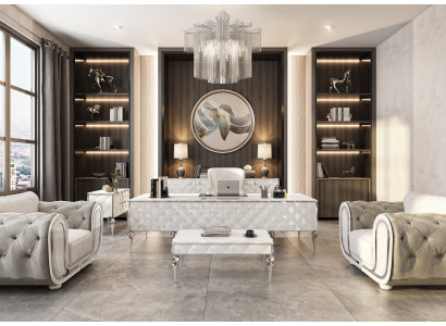 Elegantes Arbeitszimmer-Set mit weißen Holz-Textil Möbeln
