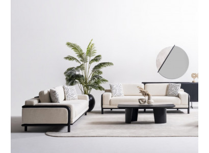 Elegantes beiges Wohnzimmer Set mit Holz und Textil, modern