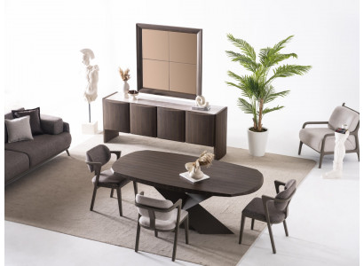 Elegantes braunes Holz Esszimmer Set mit Tisch, Stühlen, Sideboard