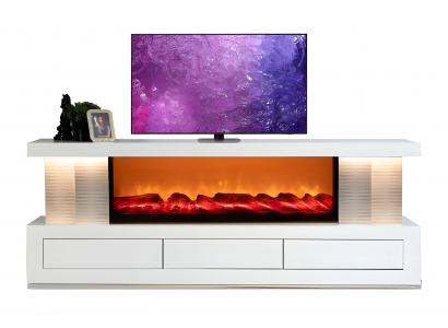 Modernes TV-Lowboard mit integriertem Kamin und Stauraumfächern