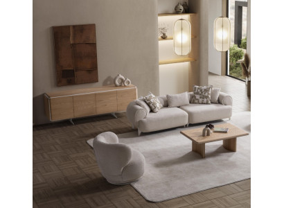 Moderner Beigefarbener Wohnzimmer Set aus Holz und Textil
