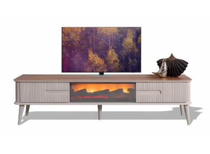 Ein beeindruckender TV-Lowboard mit Kamin, Fernbedienung und Farbwechsel