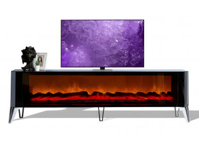 Luxuriöser TV-Schrank: Glasfronten, Beine aus Hartkunststoff  und Elektrokamin