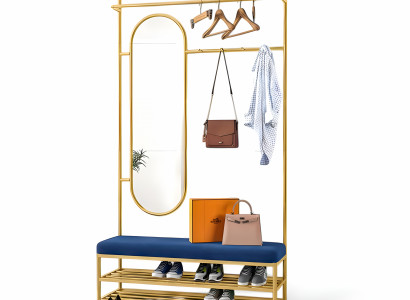 Kleiderständer mit Bank Spiegel und doppeltem Schuhregal mit goldenen Details