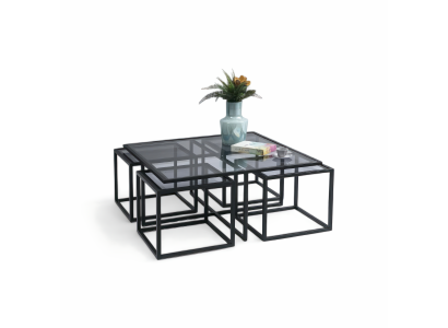 Couchtisch und 4 Beistelltische im Loft-Stil mit schwarzem Metallrahmen