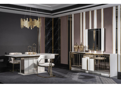 Modern Einrichtung Set Möbel Esstisch 4х Stühle Design Sideboard mit Spiegel