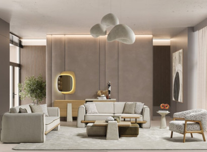 Wohnzimmer Weiß-Beige Polstergarnitur 2x Sofas Textilsessel Tische