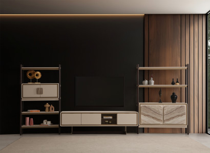 Beiges Wohnzimmer TV-Lowboard Designer Holz Bücherregale -3tlg.