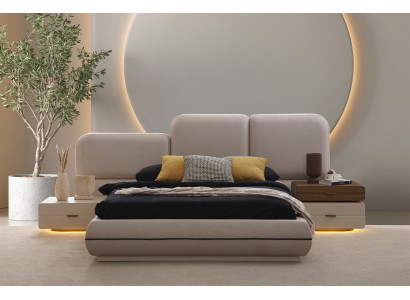 Elegantes Beiges Schlafzimmer-Set Schlafbett 2x Holz Nachttische