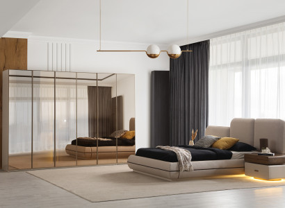 Stilvolle Schlafzimmer Garnitur Polsterbett Glasschrank Nachttische