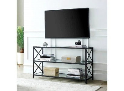 Offener TV-Lowboard aus Glas mit stabilem Metallgestell in rechteckiger Form