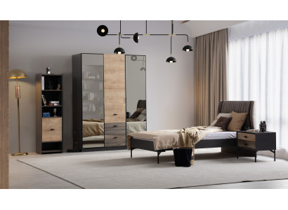 Komplettes Braunes Schlafzimmer Set Textilbett Holzschrank Regal