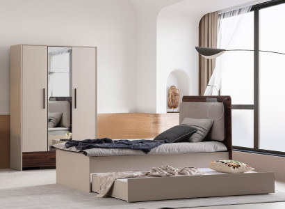 Stilvolles Beiges Schlafzimmer-Set Designer Einzelbett Holzschrank