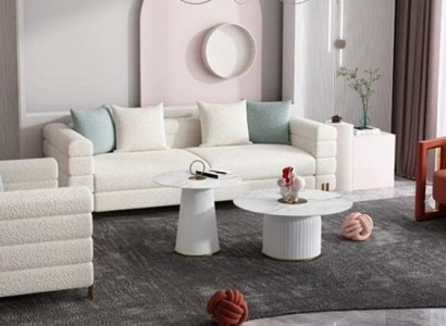 Wohnzimmer Set 2tlg Polstergarnitur Weiß Textil 3-Sitzer Sofa Luxus Sessel