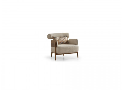 Beiger Textilsessel Designer Wohnzimmer Polstersessel Holzfüße