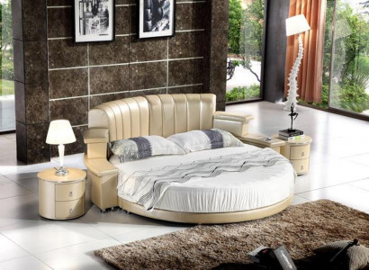 Designer Beiges Rundbett Schlafzimmer Bettgestell Modernes Lederbett