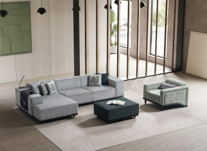 Stilvolle Garnitur Stoffsofa Designer Hocker Polstersessel 3-tlg