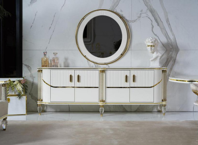 Weißes Sideboard mit Spiegel, 4 Türen, 4 Schubladen, Modern