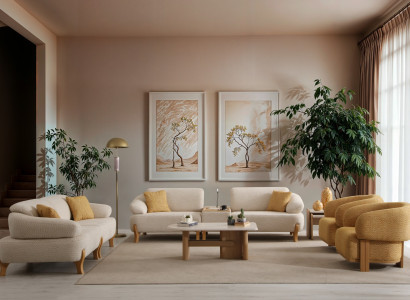 Beiges Wohnzimmer Set 2x Stoffsofas 2x Textilsessel Holz Tische