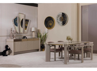 Neutrales Esszimmer-Set 6-teilig (Esstisch + 4 Stühle + Konsole mit Spiegel).
